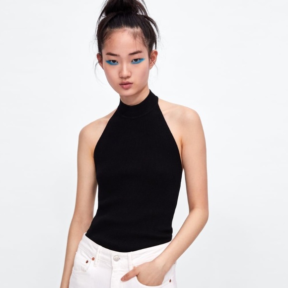ZARA Tops - ZARA // black fine ribbed knt halter backless top